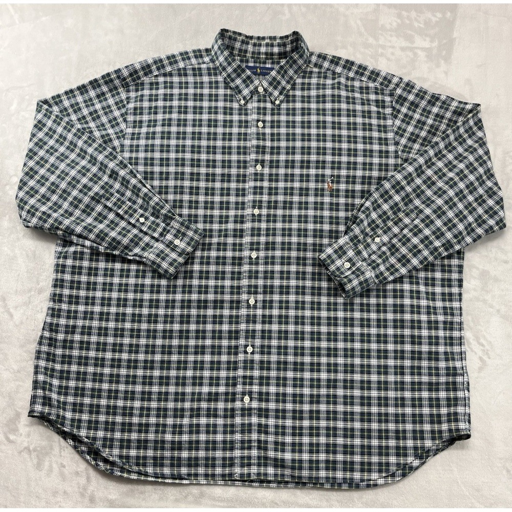 Polo Ralph Lauren Shirt Men 3X BIG Green Check Button Up Flesh Pony Casual Work